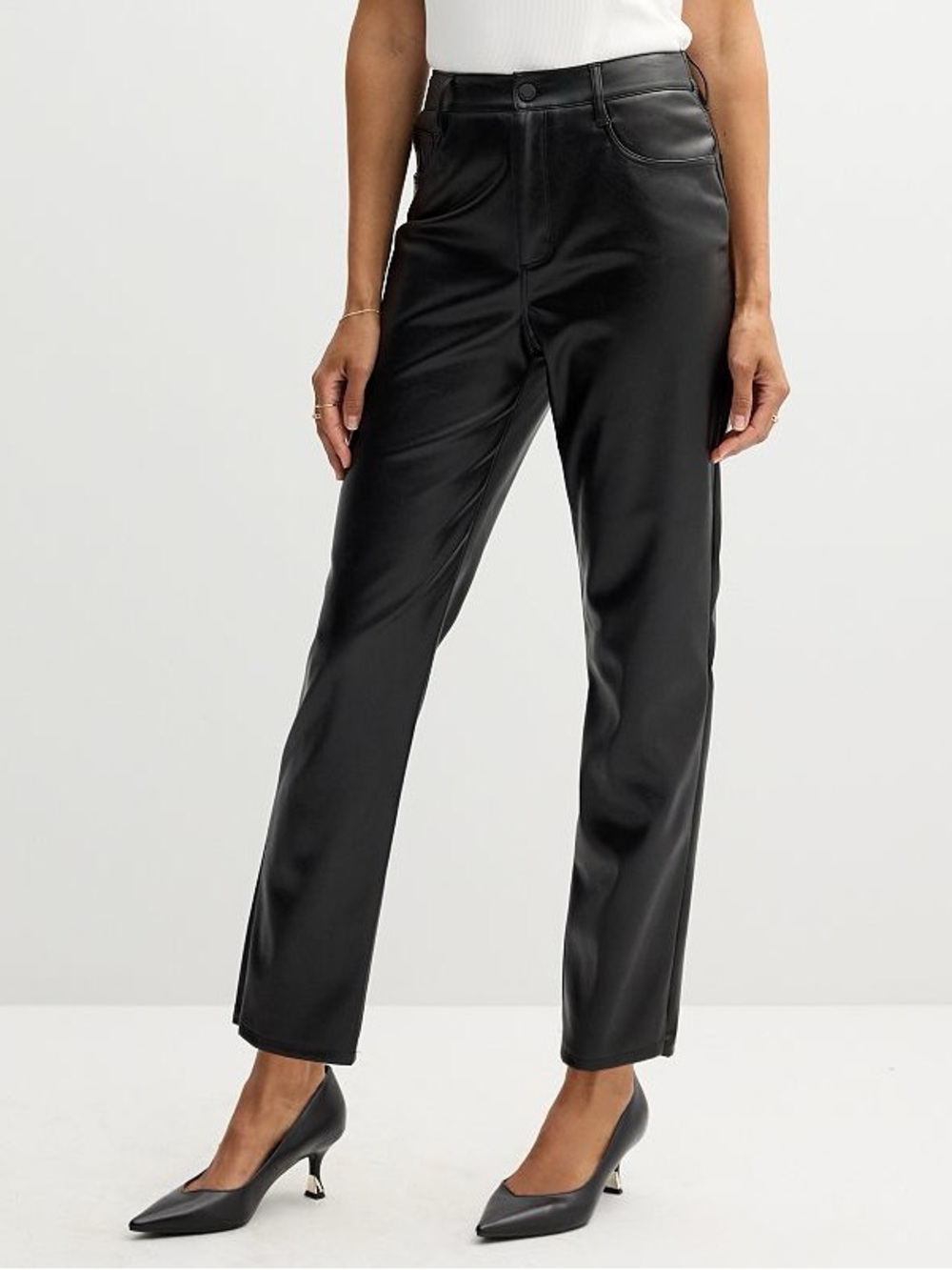 Nine West Black Faux Leather Straight-Leg Pants